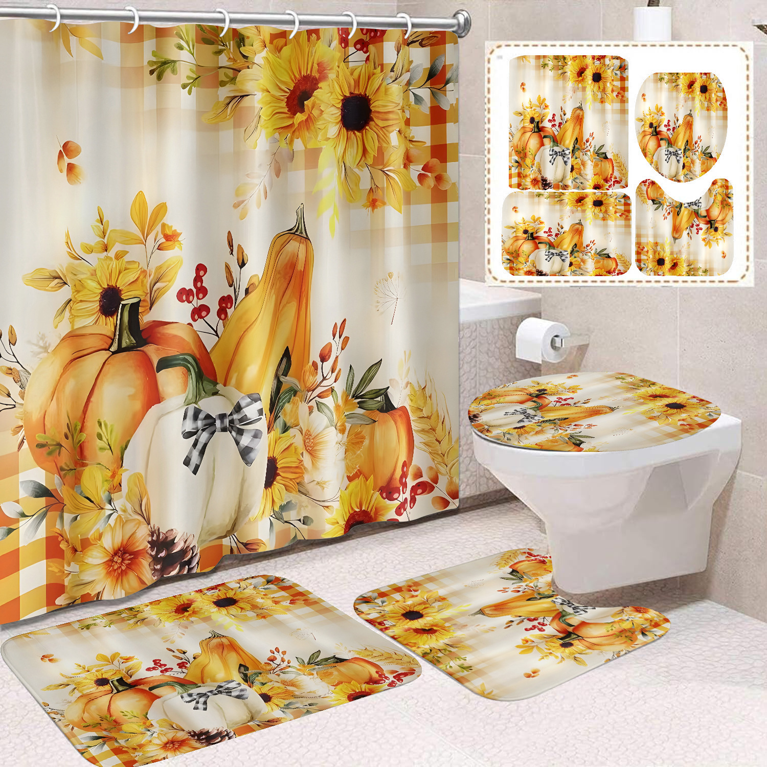 Cortina de ducha de Acción de Gracias, cosecha de otoño, serie de calabaza, cortina de ducha, cortina de baño, cortina de baño impermeable de poliéster, cortina de baño de cuatro piezas image 42