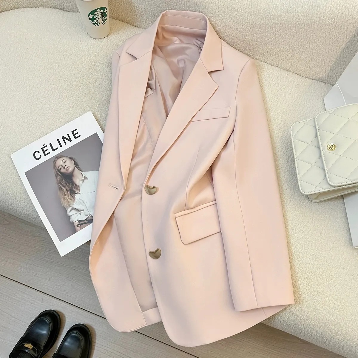 White Peach Powder Suit Jacket Women's 2024 Spring New Small High Sense Goddess Style Casual Elegant Small Suit
