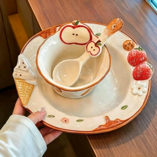 可爱手绘ins碗碟套装高颜值陶瓷餐具家用碗盘子汤碗泡面碗餐盘
