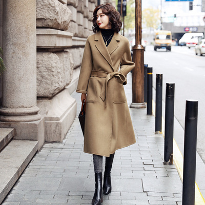 羊毛呢子外套女中长款2020年新款秋冬系带宽松红色双面羊绒大衣|ru