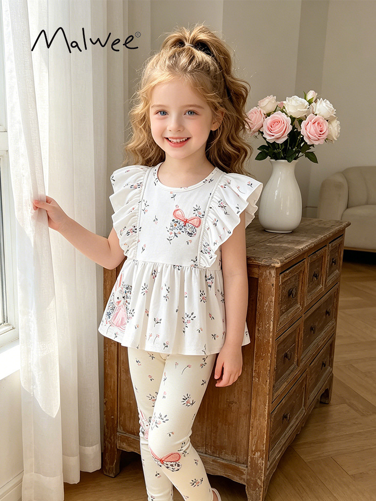 Malwee transfronterizo nuevo traje de niñas verano lindo tela cómoda para la piel europea y americana 3 - 8 años de edad niños dos piezas