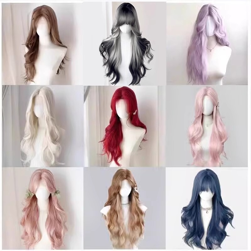 Full Head Wig for Women, Hand-Woven, Long Curly Hair with Middle Parting, Lolita Dyed Full Head Wig Collection, Cosplay Full Wig Set