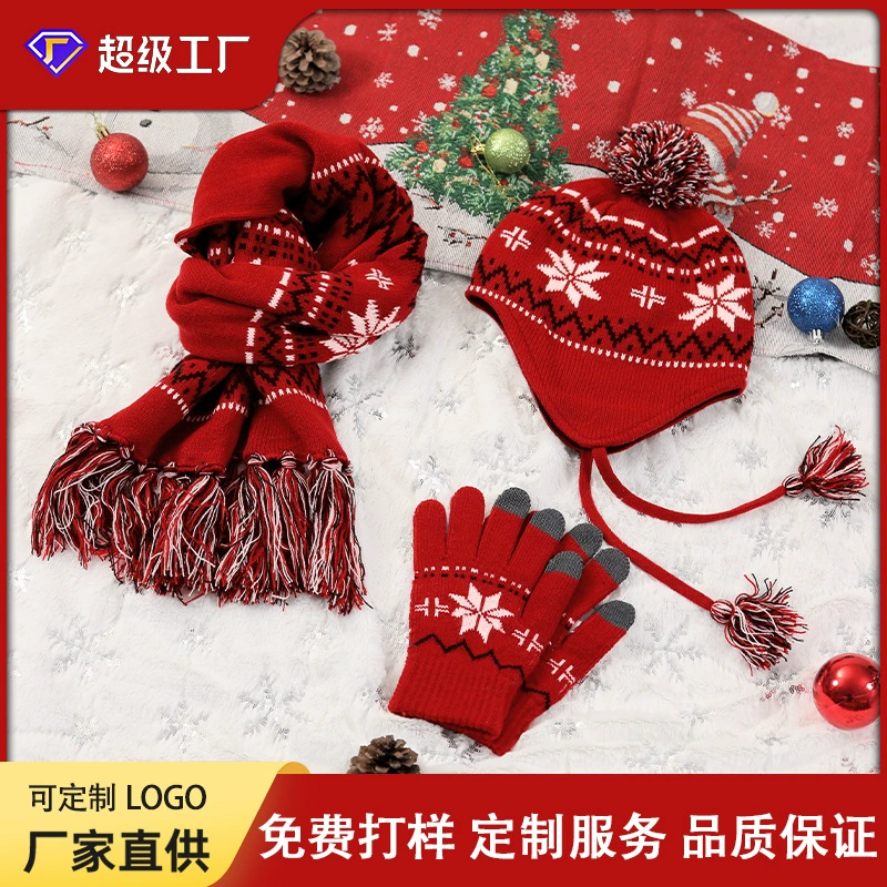 Knitted gloves, scarf, set, with snowflakes, 3 piece set
