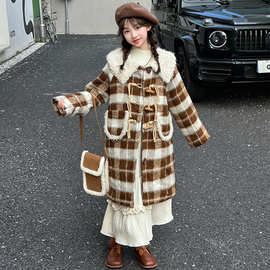 女童复古格子毛呢大衣中长款夹棉2024冬季娃娃领儿童加厚保暖外套