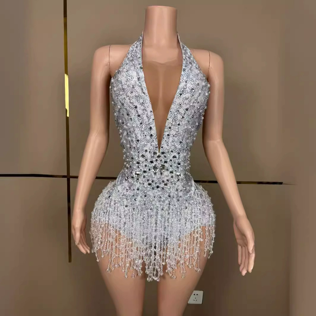 Новый танцевальный спектакль сексуальный принт жемчужная цепочка из бисера хрустальная кисточка костюм танцевальный костюм