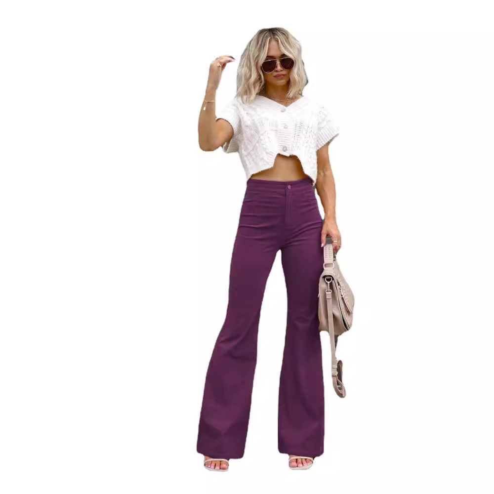 2024 Spring New Solid Color Corduroy Style Women's Micro Pull High Waist Casual Pants_voghion.com