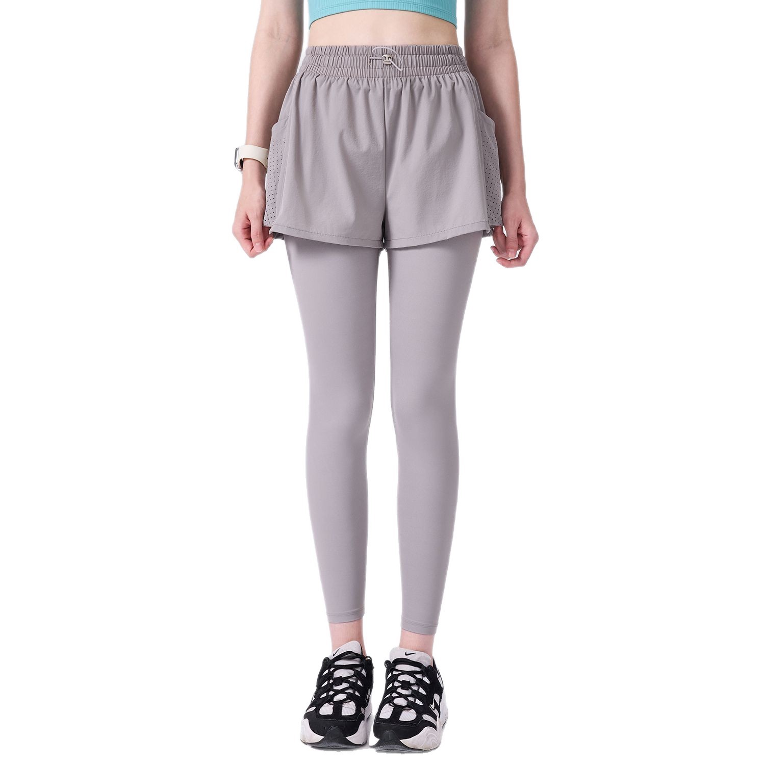 Falso de dos piezas de una pieza de cuerda de extracción de pantalones anti-straying bolsillo deportivo de fitness para correr pantalones transpirables para mujeres