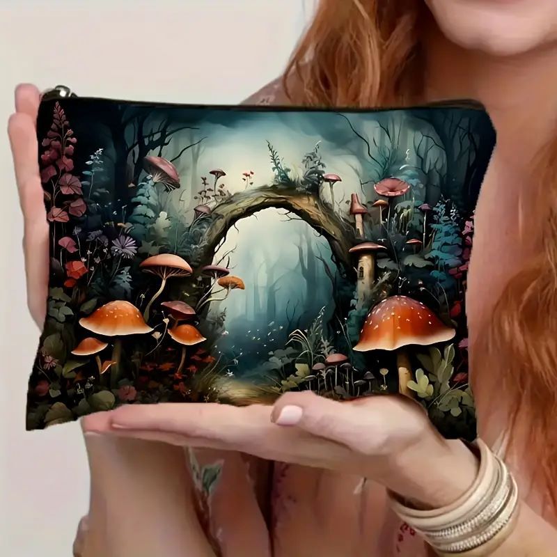 Bolsas de maquillaje transfronterizas de lino impermeable Amazon venta caliente hongos ilustración, bolsas de maquillaje personales bolsas de mano