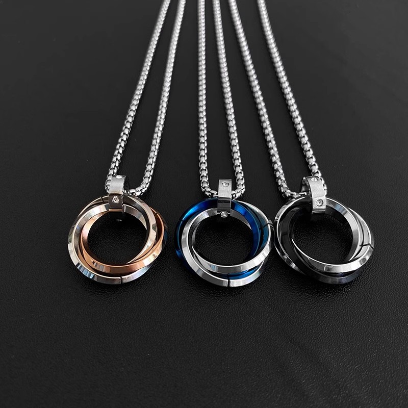 Titanium Steel Triple Ring Necklace With Diamond Pendant_voghion.com