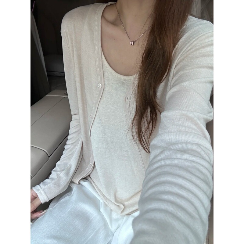 Beige Thin Tencel Sun-Protective Knit Cardigan for Women, Summer Slightly Sheer Loose Lazy Style Outerwear V-Neck Jacket