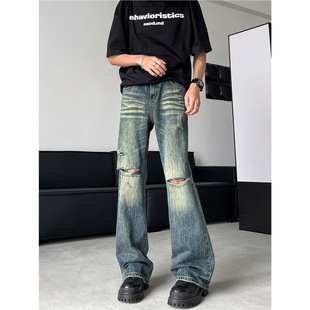 Summer Ripped Micro-Flared Jeans for Men, American Fashion Brand, Loose, Casual, Versatile, Handsome, Washed, Distressed Straight Pants