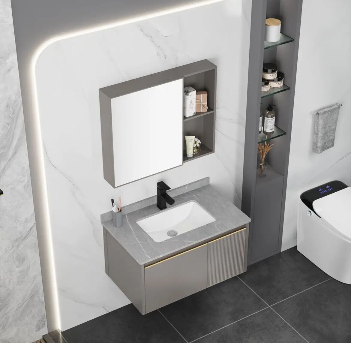 Nuevo espacio de aluminio gabinete de baño combinación de cuenca baño integrado lavabo inteligente espejo gabinete