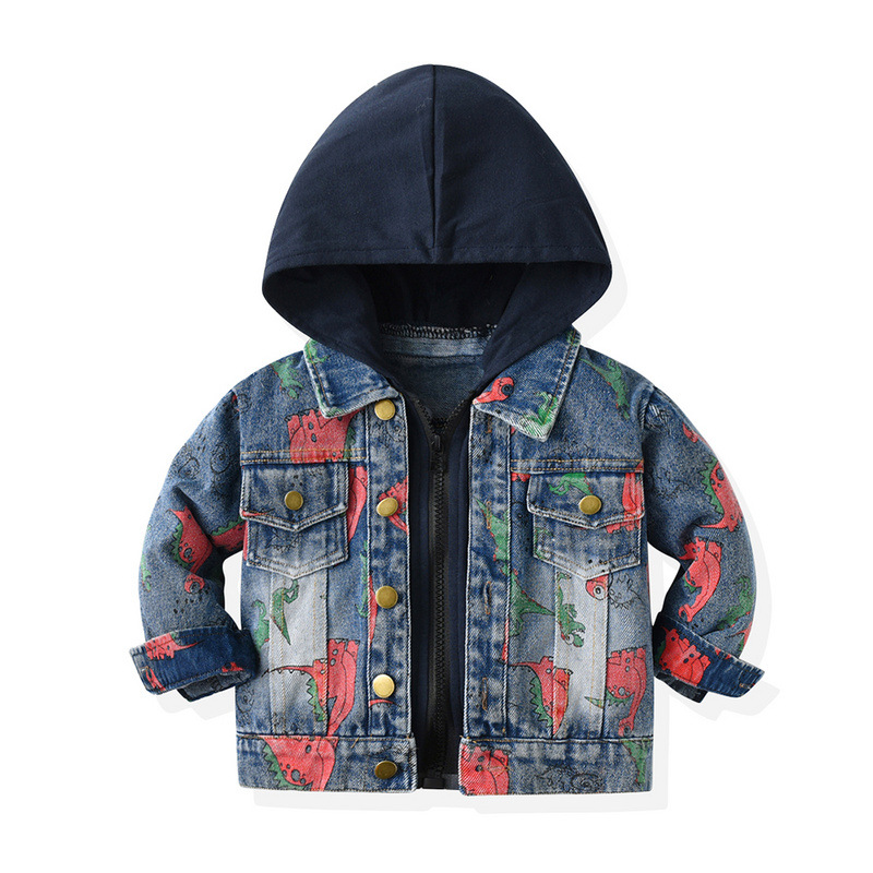 Ropa para niños de comercio exterior, niños europeos y americanos, chaqueta con capucha de mezclilla con estampado de dinosaurio de manga larga de otoño, camisa de mezclilla con cremallera informal