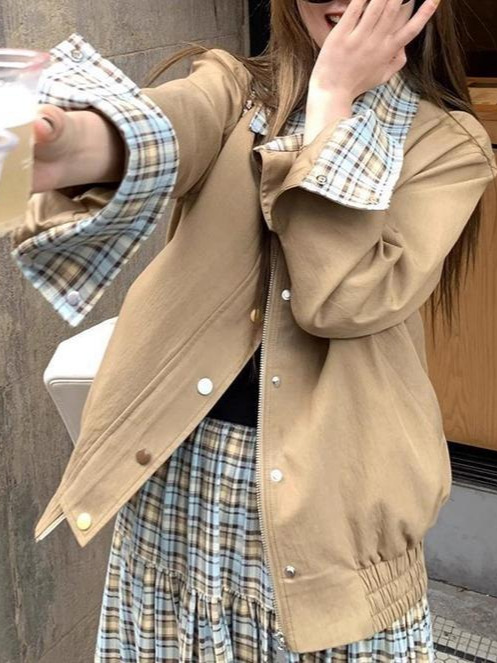 复古卡其色拼接格纹夹克外套女秋季小个子宽松廓形上衣|undefined