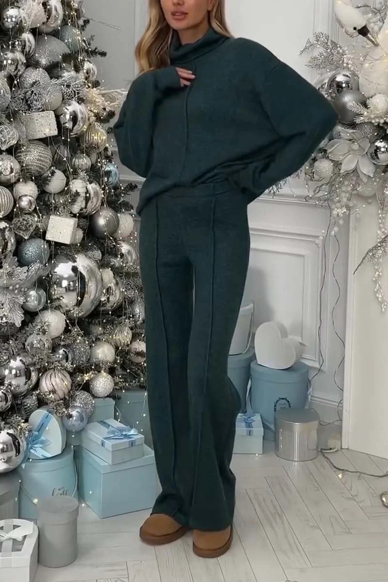 Abbigliamento donna autunno e inverno tinta unita casual versatile maglia tuta collo alto manica lunga pantaloni donna_voghion.com