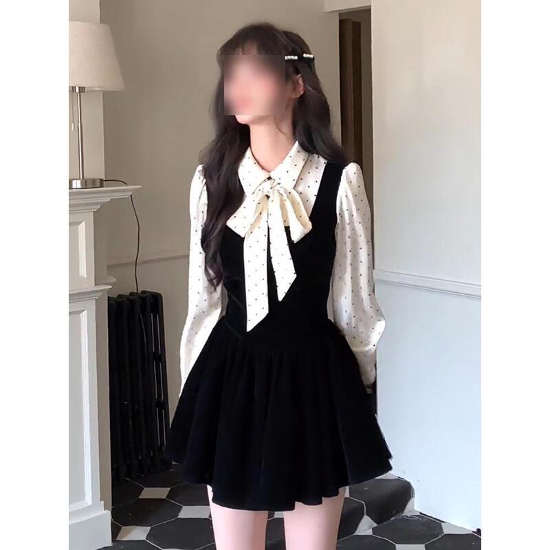 Miu Series Rich Daughter Velvet Dress High-End Small Fragrance Style Polka Dot Fake Two-Piece Waist Black Dress Miu Series Rich Daughter Velvet Dress High-End Small Fragrance Style Polka Dot Fake Two-Piece Waist Black Dress