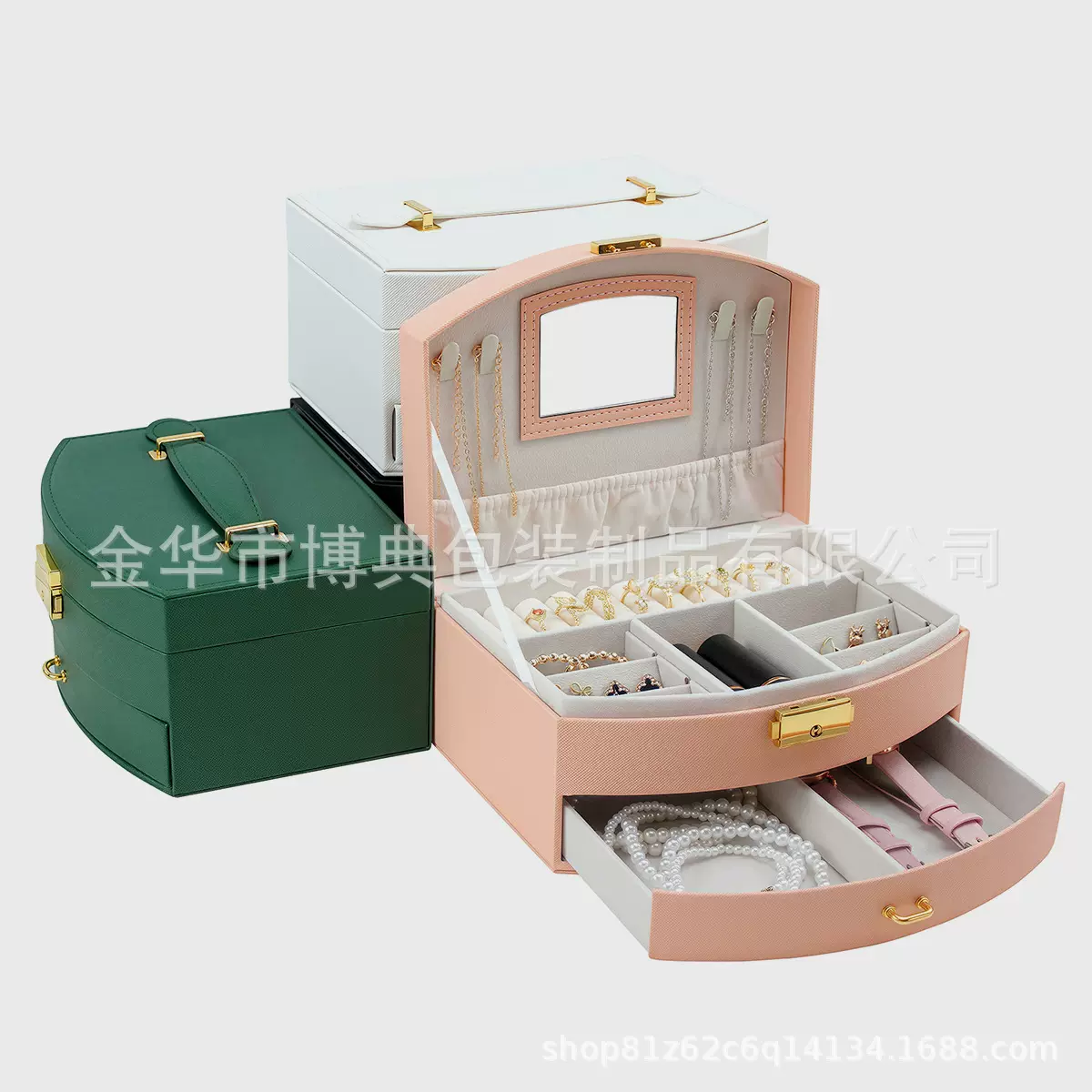 小圆首饰盒双层大容量桌面锁扣防氧化戒指项链耳环饰品首饰收纳盒