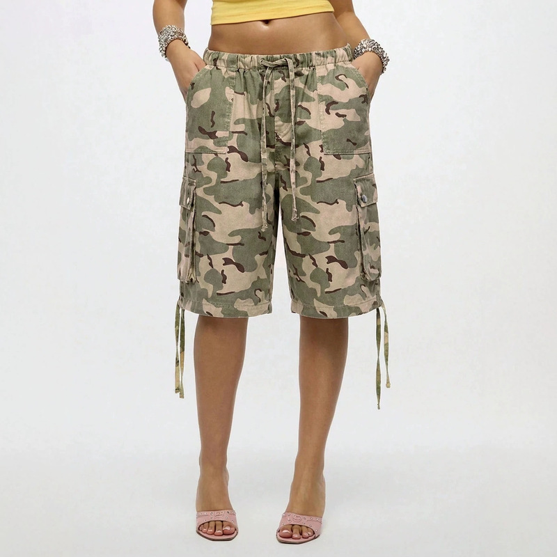 European and American cross-border popular camouflage drawstring cargo cropped pants for women, multi-pocket side-tie loose hip-hop wide-leg pants