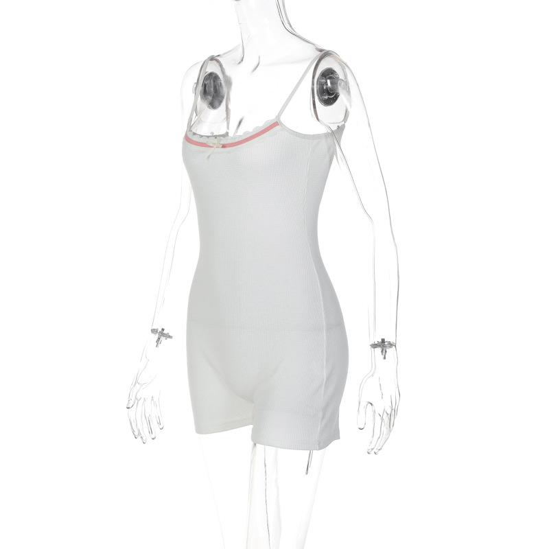 Women Clothing Solid Color Slim-Fit Girl Chest Patchwork Bow Backless Suspender Women Romper