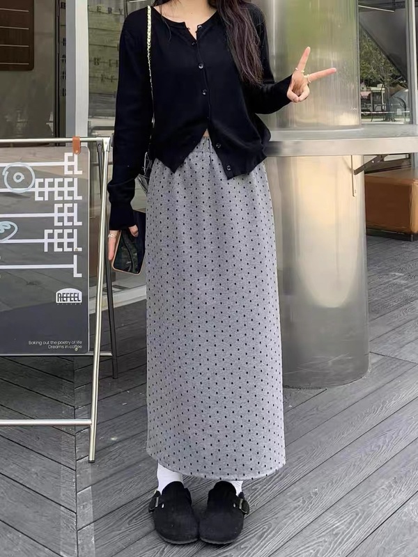 灰色波点半身裙女夏2025新款毛呢a字裙高腰显瘦气质长裙子遛弯裙|undefined