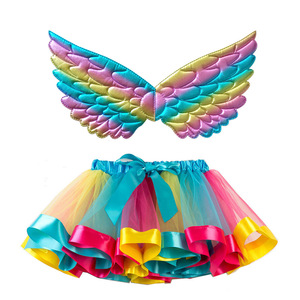 Kids jazz dance Rainbow skirt with fairy Wings modern dance tutu skirt for kindergarten girls birthday gift Stage performance show colorful pettiskirt