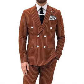 亚马逊男士修身西服套装商务两件套正装晚会舞会双排扣条纹西装