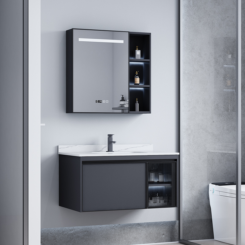 Gabinete de baño de aluminio del espacio de estilo europeo combinación mesa de lavado de baño lavabo de cerámica integrado lavabo espejo inteligente gabinete