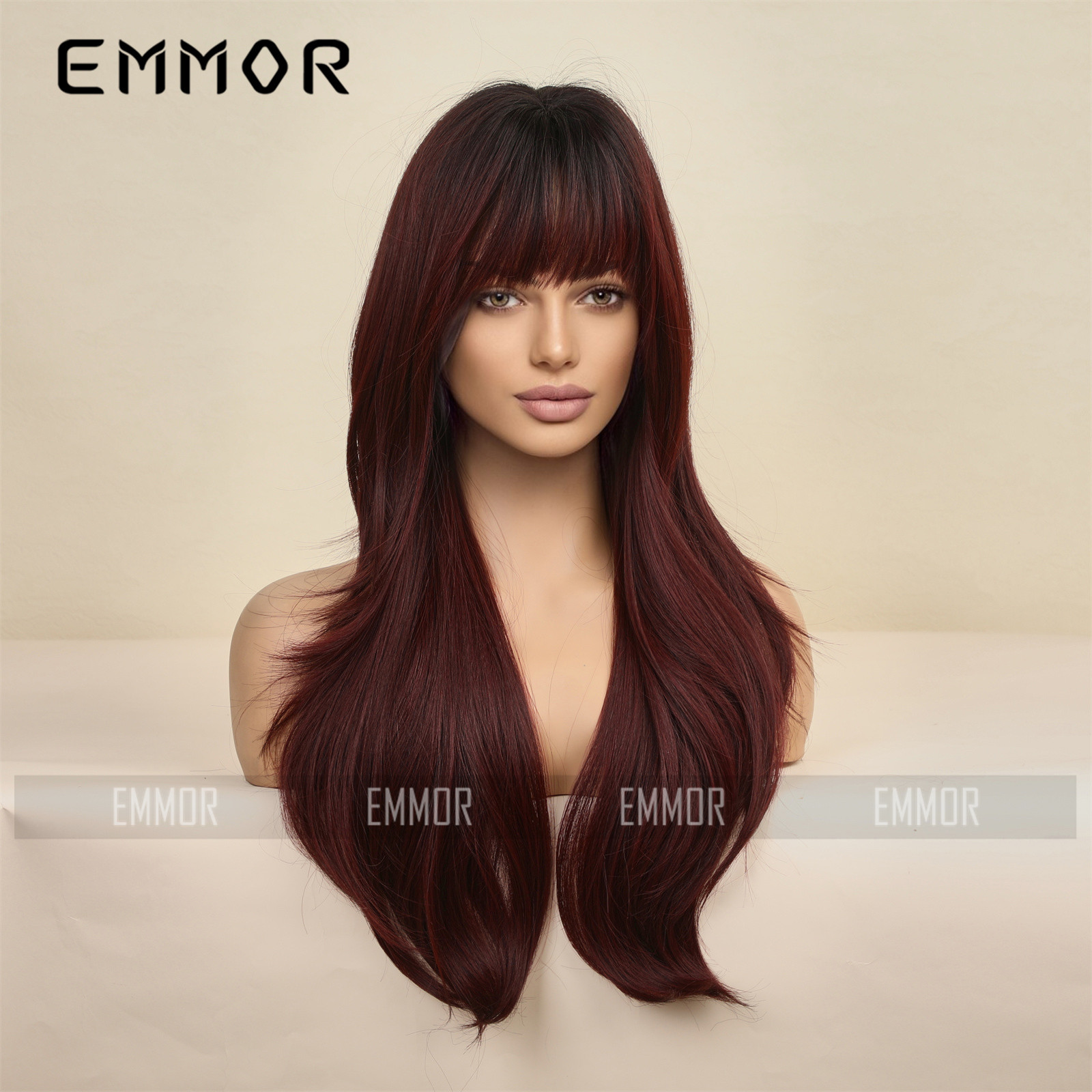 Amazon Comercio exterior transfronterizo estilo europeo y americano recto Bangs Pelo Largo gradiente vino rojo peluca cabeza cubierta fábrica ventas directas