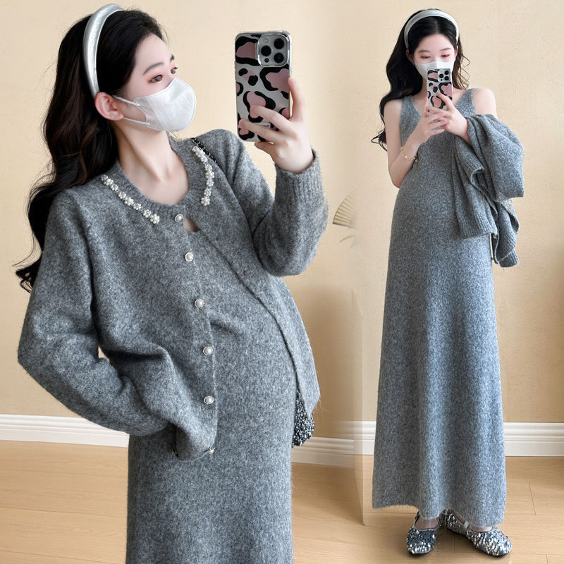 孕妇套装秋冬款时尚套装宽松中长款孕妇连衣裙小香风外套两件套装|undefined