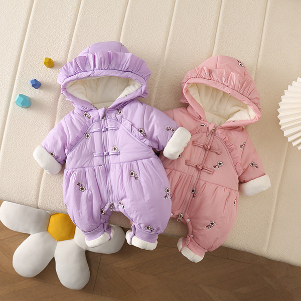 Abrigo de una pieza con tapeta con cremallera para bebé, engrosado y vellón con capucha 6-12 meses de salida, mamelero de algodón grueso bordado con capucha