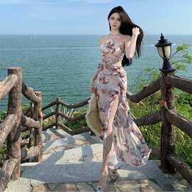 海边度假沙滩裙印花蝴蝶立体花朵辣妹纯欲性感镂空开叉挂脖连衣裙