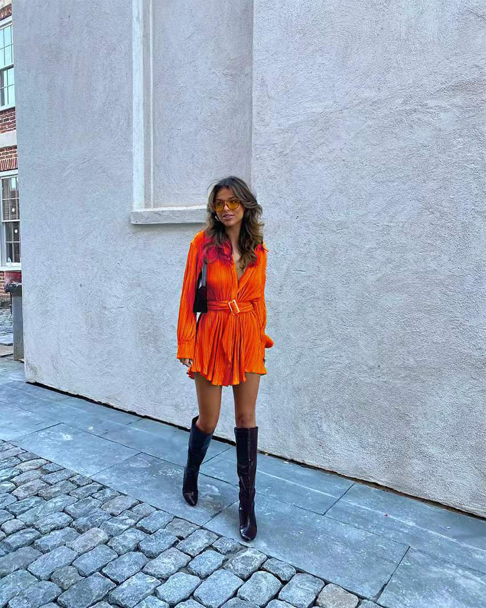 Women's Clothing 2024 women's new shirt collar fashion women's elastic waist pleated long sleeved lace up dress_mkmklike.com