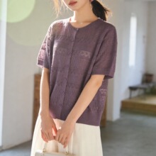嘉兴濮院天丝亚麻圆领镂空开衫夏季针织衫上衣大码中年妈妈装女装