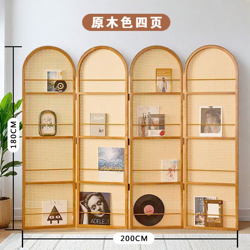 折屏藤编屏风隔断客厅实木折叠可移动小户型遮挡入户民宿杂志书架|undefined
