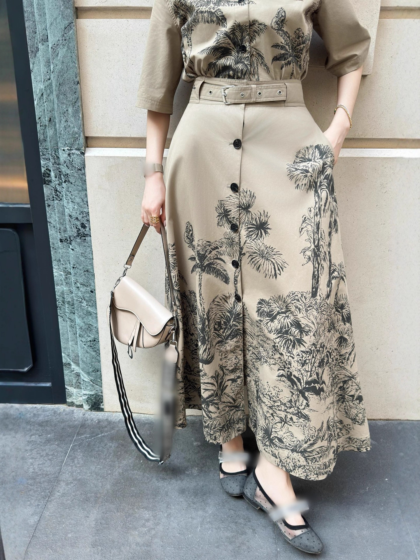 Shenzhen Nanyou High-End Original Cd Home Spring and Summer Coconut Tree Print Stereo Tailoring A-Line Skirt Single-Breasted Skirt