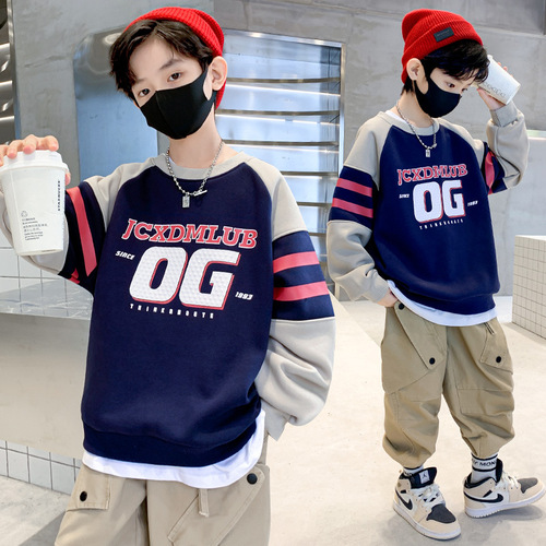 Spring and Autumn Trendy Children's Sweatshirt Thin Boys Letter Printed Loose Casual Sweatshirt for Medium and Large Children Round Neck Pullover Long Sleeve T