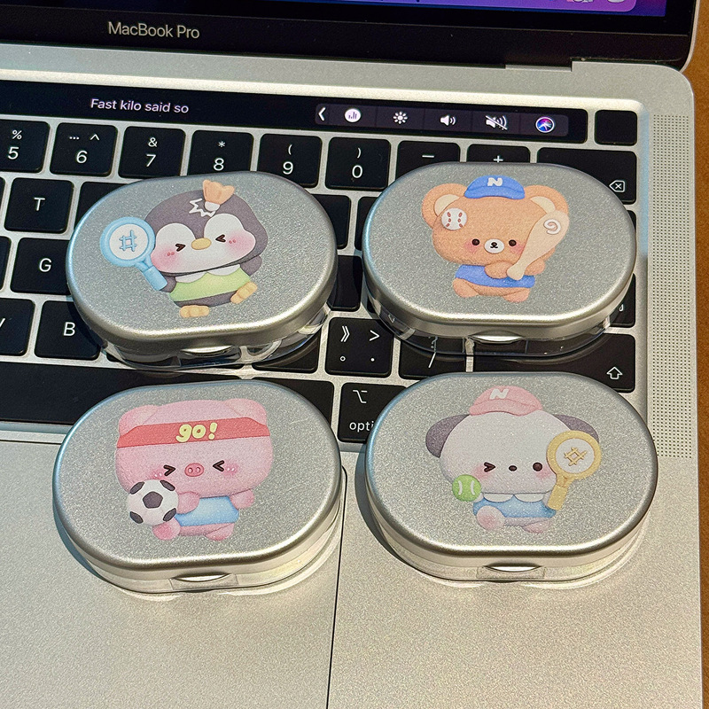 Cute cartoon portable contact lens case with mirror, silver rubber ring, leak-proof, for sports and small animals