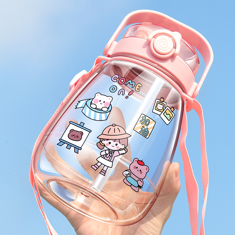 Taza de plástico de gran capacidad Red de red de alto valor Taza de doble bebida grande para el vientre Niños Estudiantes Pajitas Deportes Taza de agua portátil Regalo