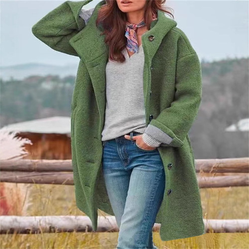 Hot-selling Autumn Women's Long-Sleeve Lapel Coat in Europe and America—Casual, Loose-Fit, with a Hood and Made of Wool Felt