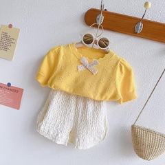 Korean-style girls' knit sweater 2023 summer new girl baby lace short-sleeve shorts set