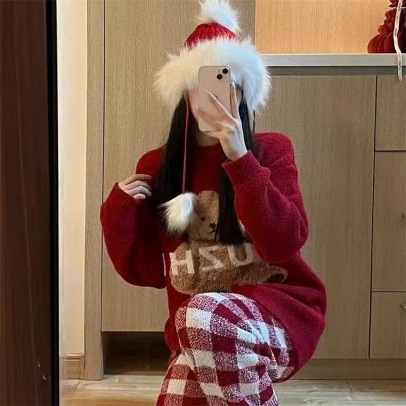 Al por mayor transfronterizo otoño y invierno rojo grueso calentamiento mitad de camisa de terciopelo pijama de mujer encantadora dulce dibujos animados cómodo abrigo para el hogar