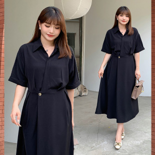 Women's skirt summer chubby girl cover loose thin shirt collar waist slimming shoulder a-line dress plus size 3067