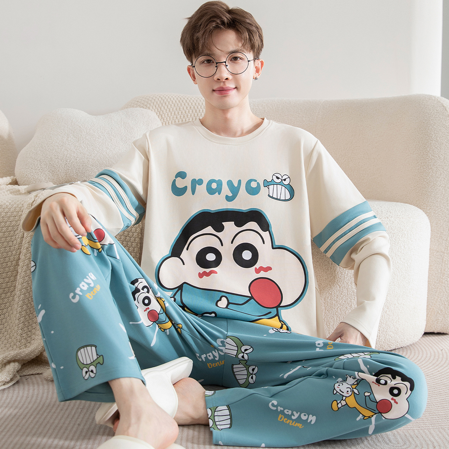Men's Cartoon Pure Cotton 5XL Pajamas Autumn and Winter Style Plus Fat Cartoon Teenagers Can Wear Home Clothes Set