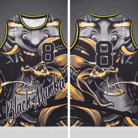 Basketball Jersey - Black and Gold Graphic "8" Number "Black Mamba" Logo Art Snake and Mask Basketball Jersey - Black and Gold Graphic "8" Number "Black Mamba" Logo Art Snake and Mask