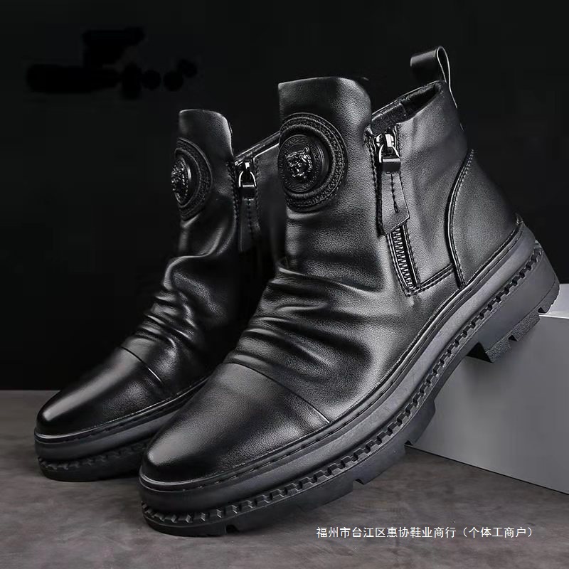 High-Top Men's Shoes European High-Top Sneakers Versatile Zipper Leather Shoes Korean Style Martin Boots Waterproof and Wear-Resistant Casual Shoes for Men