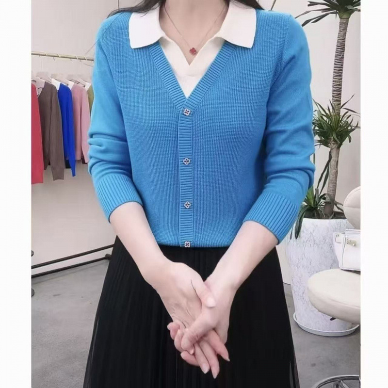 鸿9358新款宽松显瘦洋气时尚百搭翻领假两件女上衣长袖针织衫打底|undefined