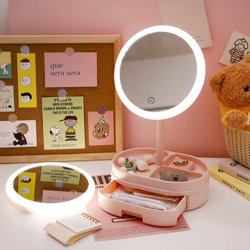 LED table mirror folding fill light, charging makeup mirror, 3-color modes, drawer storage