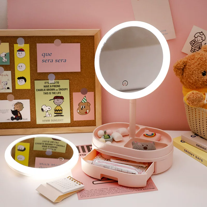 LED table mirror folding fill light, charging makeup mirror, 3-color modes, drawer storage