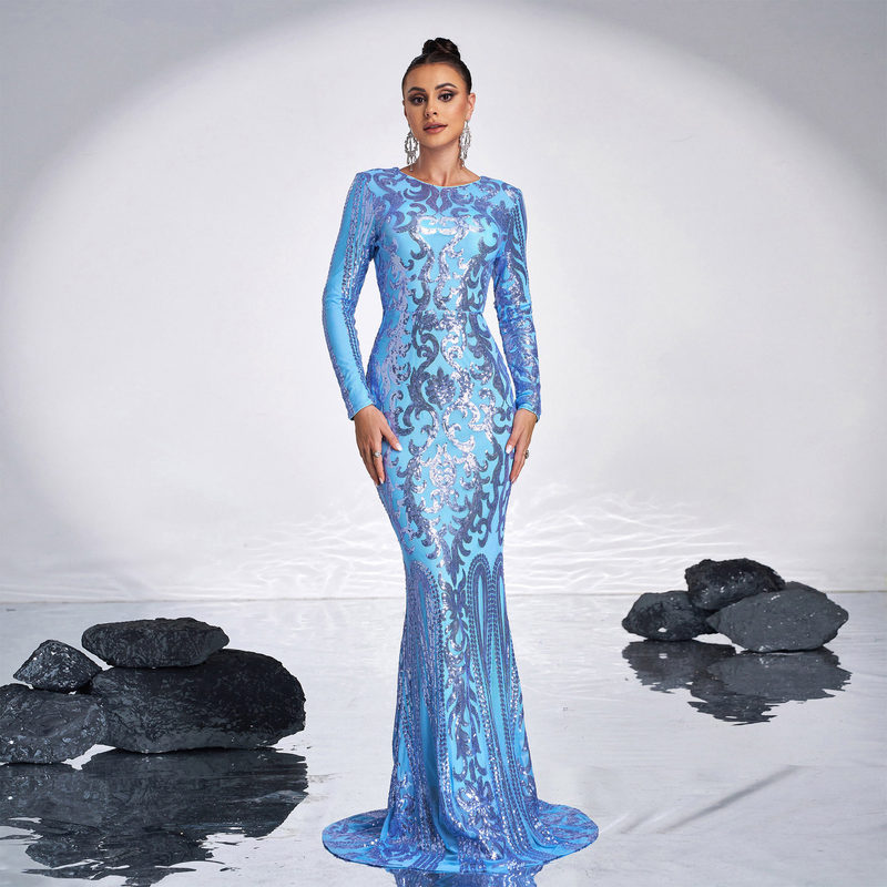 Cross-border European and American High-end Long-sleeved Elegant Round Neck Sexy Long Sequin Banquet Evening Dress Bridesmaid Dress dress Women