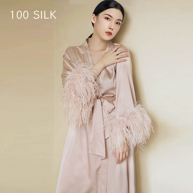 Silk Sexy Nightgown Women's Spring and Summer Satin High-end Ostrich Hair Luxury Bridal Morning Gown 100 Mulberry Silk Pajamas